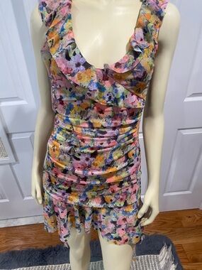 Zara Floral Ruffle V-Neck  Dress - Multicolor/ Size Medium/ with stretchy